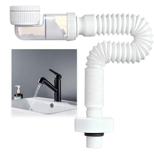 Raumsparsiphon 1/4 Zoll Siphon waschbecken 360 Einstellbarer Syphon Waschbecken Abflussrohr Sifon Waschbecken Bad Raumsparsiphon Waschtisch Sifon für Küchenspüle Waschmaschine Badezimmer