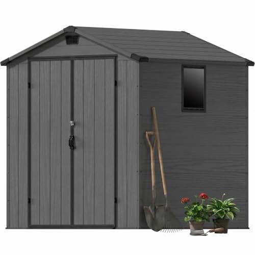Image of Devoko 6x6 FT Resin Outdoor Storage Shed with Floor, Plastic Garden Shed | Waterproof Tool Storage Shed with Lockable Door and with Window for Backyard, Patio, Lawn, Dark Gray