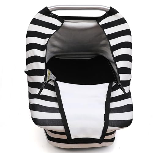 ACRABROS Car Seat Covers for Babies,All Season Infant Carseat Cover Canopy for Boys and Girls,Stretchy Adjustable Peeping Window with Mesh Cover,Warm Breathable Universal,Black White Stripe - Thumbnail 2