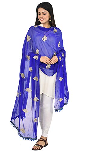 Image of YOUTHQUAKE Golden Patti Embroidered Work Chiffon Dupatta for Womens & Girls with Jaalar Lace