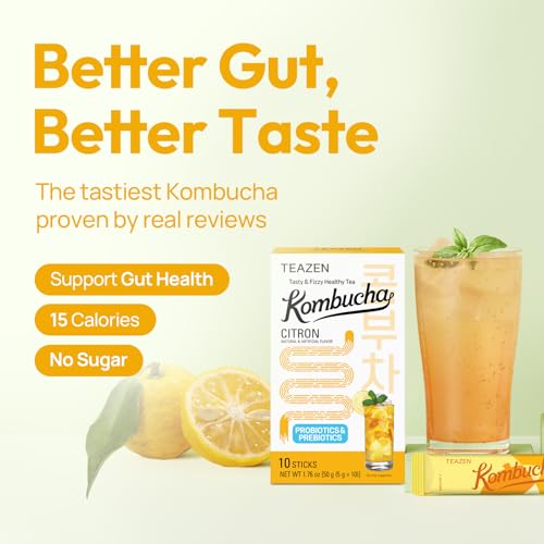 Image of TEAZEN Citron Kombucha Tea, Hydration Drink Mix, Sugar Free, Live Probiotics & Prebiotics, 10 Sticks, 1.76oz