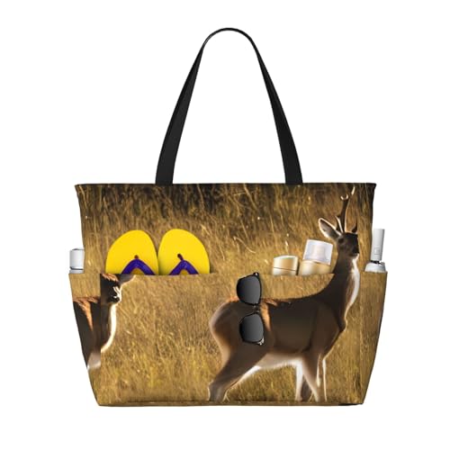 Cute Deers Print Beach Tote Bag Waterproof Large Bags With Zipper Big Capacity For Vacation Travel