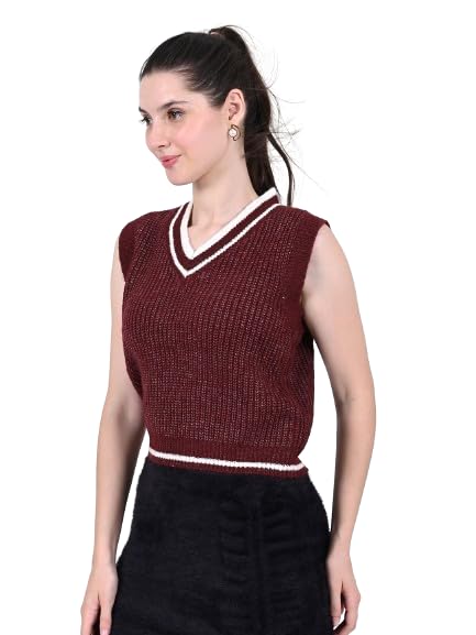 Women's V-Neck with Sleeveless Acrylic Brown Vest Sweater