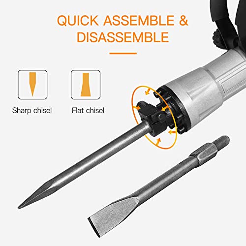 SUNCOO Electric Demolition Jack Hammer, 1900BPM Heavy Duty Jackhammer Powerful Rock Pavement Concrete Breaker Drills Kit with Gloves, Wheeled Case, Goggle and Flat&Point Chisels Bits