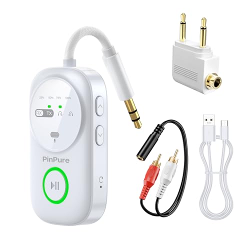 PinPure Bluetooth 5.4 Transmitter Receiver for 2 AirPods/Headphones 2-in-1 Wireless Adapter with Microphone Audio Adapter with 3.5mm Audio Jack Suitable for Airplane Car TV PC Home Stereo