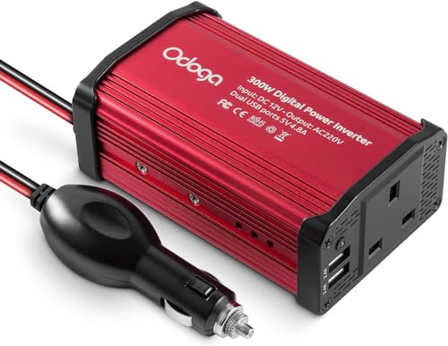 Odoga 300W Car Power Inverter 12V to 240V / 230V Converter, Dual USB 4.8A Charging Ports - Charge Your Laptop, iPad, iPhone, Tablet, Consoles & More - Durable and Powerful - Red Aluminum Body - Image 4