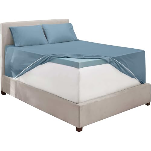 Image of Hearth & Harbor Extra Deep Pocket Queen Sheet Set, Stone Blue | 4 Piece Cooling Bed Sheets Set, Ultra Soft & Breathable, Fits Up to 24 inch Mattress, Wrinkle & Fade Resistant, Hotel Luxury
