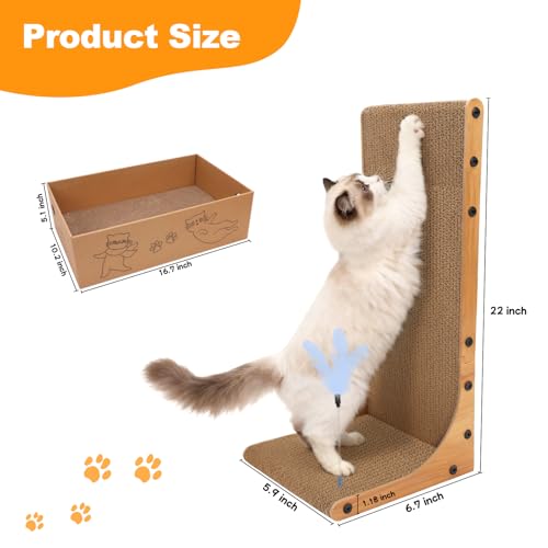 Cat Scratching Post, 3-in1 Scratching Board for Indoor Cats, 2PK 22in L-Shaped Cat Scratcher with 1PK Cardboard Box Scratch Pad, Cats Scratch Furniture Protector with Feathered Toy - Image 4