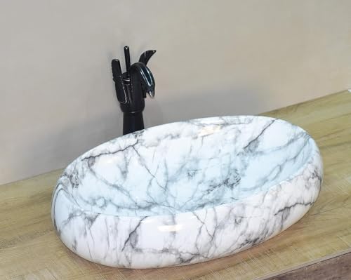 Image of Designer Counter Top Wash Basin | Tabletop Ceramic Bathroom Sink | Wash Basin Over Counter | Wash Basin For Bathroom, Living Room (24 x 15 x 6 Inch) (Glossy White N Black Strip)