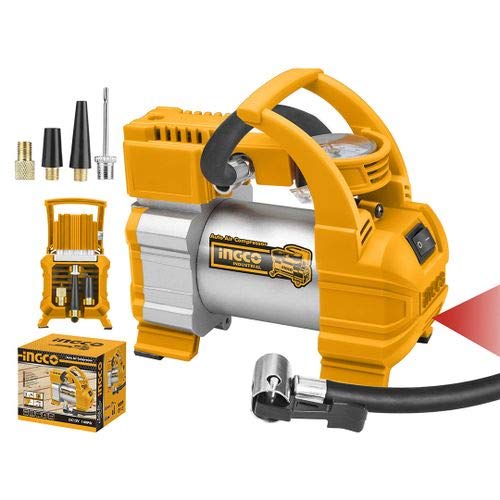 Ingco Auto air compressor for car and bike With 1 LED light - 3M cord - cigarette lighter & 1 battery clips & 4 nozzle adapters