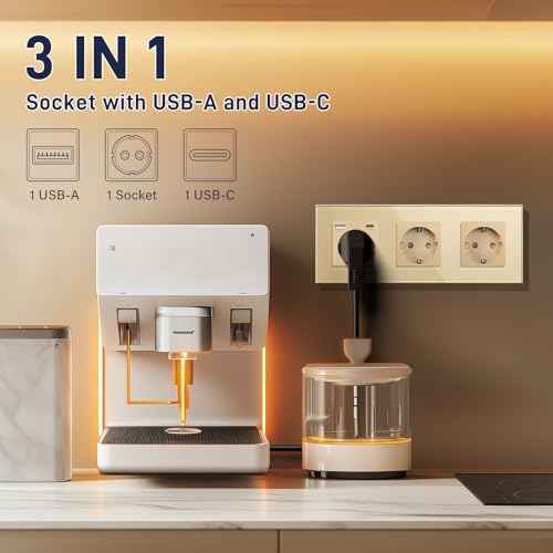 BSEED 3 Fach Steckdose Schuko Steckdose mit einem USB/Typ C 16Amp Unterputz Steckdose Glas Einbausteckdose mit USB 228mm Wandsteckdose Gold