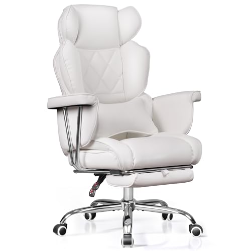 DEVAISE Executive Ergonomic Leather Home Office Chair with Footrest, Comfy Reclining Big and Tall Desk Chair with Lumbar Support, Heavy Duty, SGS Class 4 Gas Lift, White