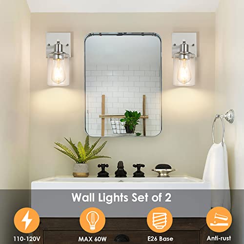 Wall Sconces Set of 2, Brushed Nickel Vanity Lights for Bathroom, Modern Wall Light Fixtures, Metal Sconces Wall Lighting with Clear Glass Shade, Farmhouse Wall Lamp for Bedroom Mirror Living Room - Thumbnail 2