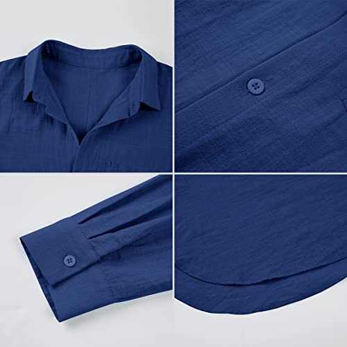 Karlywindow Womens Button Down Tunic Shirts Cotton Linen Long Sleeve Work Blouse Loose Casual Beach Cover Up Shirt Royal Blue #TOP4