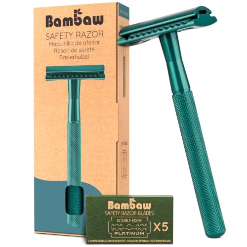 Bambaw Rasoir Une Lame avec 5 Lames de Rechange en Acier Inoxydable Suédois, Rasoir de Sûreté en Métal avec Manche Antidérapant, Pour un Rasage de Près Précis & Confortable (Bleu Vert)