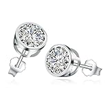 Bellitia Jewelry Diamante CZ Pendientes Brillante Corte Redondo D Color VVS1 Clarity Lab Creado Pendientes de Botón Circonitas Plata de Ley 925 para Mujer, 4MM 5MM 6MM