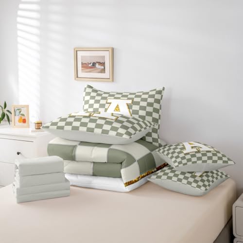 Image of Erosebridal Sage Green Checkered Full Comforter Set with Sheets 7 Piece Plaid Initial A Bed in A Bag Personalized Monogram Bedding Sets for Kids Adults,Fashion Grids Gingham Bed Set