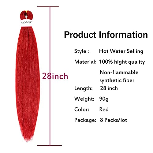 28 Inch 8 Packs Ez Red Braiding Hair Pre Stretched Knotless Braids Crochet Hair Free Hot Water Setting Synthetic Fiber Yaki Straight Long Hair Extension (Red) #TOP6