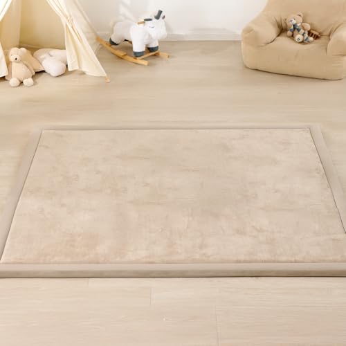 Image of 1.3 inch Thick Baby Floor Play Mat, 50x74 Padded Foam Tummy Time Crawling Mat, Non-Slip Water-Repellent Soft Plush Nursey Area Rug for Playroom Bedroom Living Room (Beige)