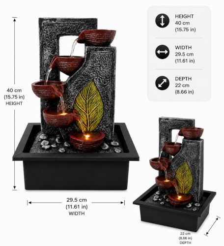 Image of CHRONIKLE Indoor Tabletop Water Fountain with Warm LED Light & Controller Pump | Green Leaf Designer 4 Diya Step Cascade Polyresin Waterfall Fountain for Home, Meditation| Silver Brown | 40x29.5x22 CM