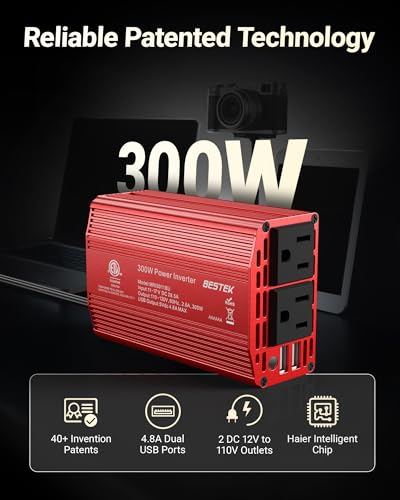 BESTEK Power Inverter DC 12V to AC 110V - 300W Car Plug Adapter Outlet with 4.8A Dual USB Fast Charging Port - Car Charger Cigarette Lighter Adapter for Phone, Laptop on Road Trip - Aluminum Housing