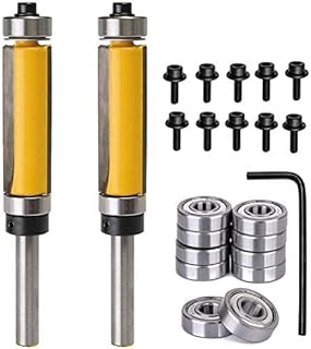 Yakamoz Flush Trim Pattern Router Bit Set,2Pcs 1/4'' Shank Top and Bottom Bearing Guide Flush Trim Pattern Router Bit Set, Woodworking Cutter Tool with 10 Pcs Top Mounted Replacement Bearings