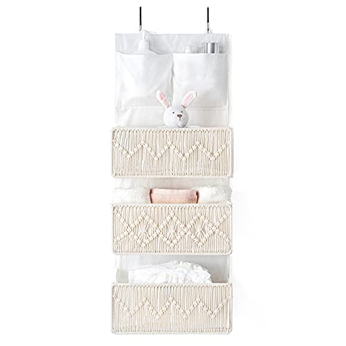 Mkono Macrame Over The Door Organizer Boho Decor Baby Nursery Storage with 3 Large Woven Pockets Wall Mount Hanging Behind Door for Bathroom, Bedroom, Closet, Dorm