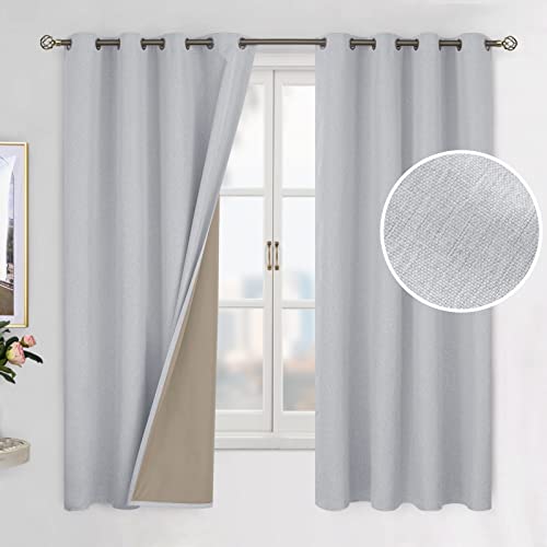Bgment Linen Textured 100% Blackout Curtains For Bedroom, Grommet Double Layers Thermal Insulation Room Darkening Curtains With Liner For Living Room, 2 Panels, 52 X 63 Inches, Grey #TOP8