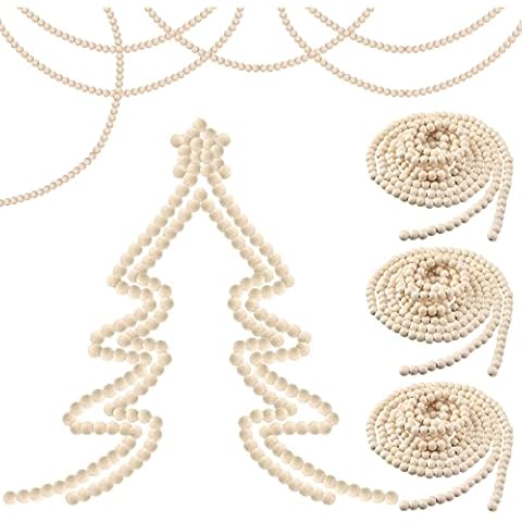 4 Pcs Christmas Wooden Bead Garland Christmas Tree Decorations Rustic Home Decor Wooden Beads Decor Farmhouse Table Decor Boho Wall Decor for Christmas Holiday Favors, 48 Feet(Wood Color) Cover