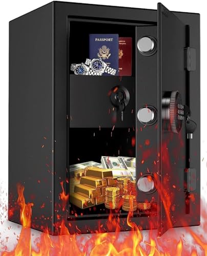 WASJOYE Coffre Fort Ignifuge, Grand Coffre Fort avec Tiroir anti Feu, Clavier Numérique et Clés, Armoire Safe de Sécurité pour la Maison, l'Hôtel,...