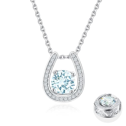 RANDES 925スターリングシルバー 蹄鉄ネックレス 女性用 ラウンド宝石誕生石ネックレス サファイア/エメラルド/ルビー/キュービックジルコニア 馬靴ペンダントネックレス ジュエリーギフト, 18", スターリングシルバー, 人工アクアマリン キュー