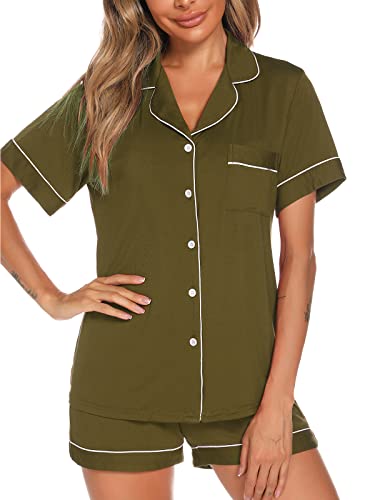 Image of Aamikast Button Up Pajama Set for Women Shorts Short Sleeve Knit Sleepwear 2 Pice Pjs Sets
