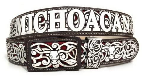 Men's Laser Cut Michoacan Brown Western Belt, Saddle Horse Toro Cinto Charro Vaquero Michoacan