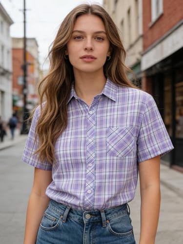 Image of SANGTREE Girls and Women Plaid Shirt Short Sleeve Button Down Summer Blouses Tops