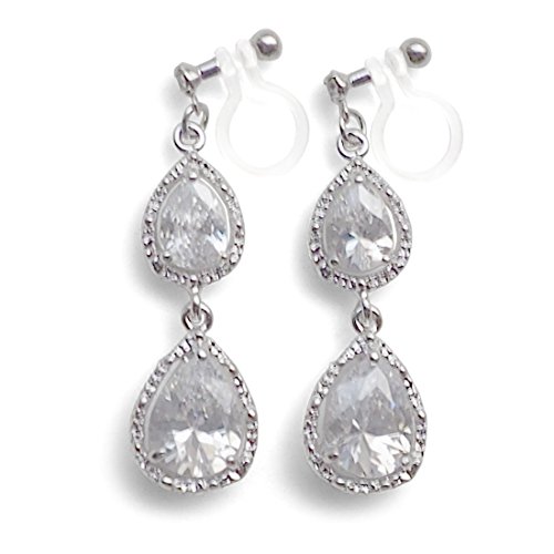 Cubic zirconia CZ Crystal Teardrop Dangle Invisible Clip On Earrings Silver tone Bridal Wedding/Miyabi Grace  Women Fashion