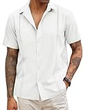 COOFANDY Men's Guayabera Premium Lightweight Embroidered Pleated Cuban Shirt A-White