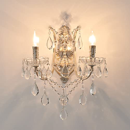 Image of YLONG-ZS French Country Crystal Wall Sconce, 2-Light Distressed White Gold Candle Style with Teardrop Crystals, Hardwired Indoor Decor for Bedroom Bathroom Vanity, E12 Base