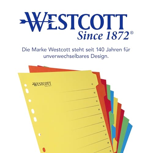Westcott Register für Ordner A4 mit Klarsichthüllen | Extrabreite Trennblätter für Prospekthüllen in Din A4 Ordner | 10 farbige Tabs in 5 Farben | Robuste 230g/m² mit Eurolochung | E-1733313 00