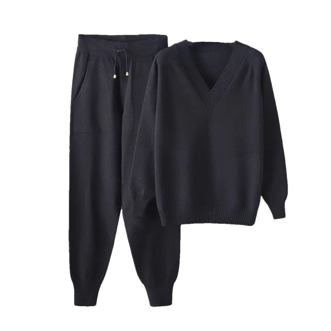 Ensemble deux pièces pour femme avec col en V et pantalon tricoté