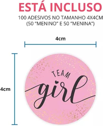Kit 100 Adesivo Chá Revelação Team Girl Boy - Menino Menina - Rosa/Azul