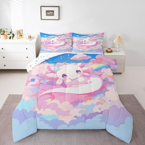 Erosebridal Girls Axolotl Comforter Set Rainbow Pink Dreamy Bedding Set,Kids Kawaii Salamander Bed Set King for Boys Teens Room Axolotl Pattern Cute Animals Down Comforter