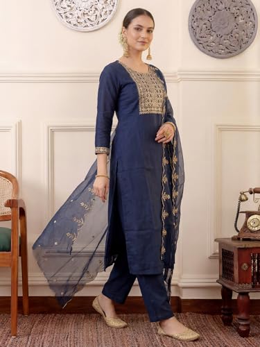 Image of INDO ERA Women's Silk Blend Floral Embroidered Thread Work Straight Kurta & Pant with Dupatta Set | Kurti Set