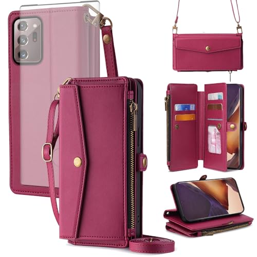 Coque Samsung Note 20 Ultra Asuwish rouge avec cordon portefeuille et verre trempé
