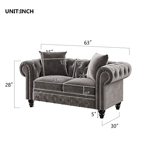 2 Pieces Set Velvet Sectional Sofa, Button Tufted Upholstered Low Back Loveseat & 3 Seat Couch Roll Arm Classic, 5 Pillows Included,Wooden Legs, Gray Chesterfield