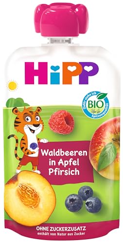 HiPP Bio Quetschie Waldbeeren in Apfel-Pfirsich - Thilo Tiger (8 x 100g), ab 1 Jahr, 100% Fruchtpüree, ohne Zuckerzusatz, vegan, in bester Bio-Qualität