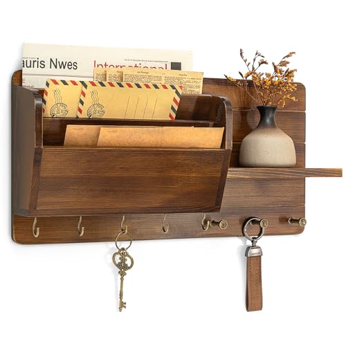 Rebee Vision Pine Wood Key Holder Wall Mount with Mail Sorter, Light Brown | Display Shelf, 8 Key Hooks, 3 Mail Sorters, Mail Organizer for Letters, Papers, Key Holder for Wall, Keep Entryways Tidy