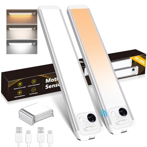 RUIKORING Under Cabinet Lighting, 3 Colors, Motion Sensor Light Indoor, LED Rechargeable Closet Lights Battery Operated, Dimmable Night, Stick-On Magnetic Cabinet Lights for Kitchen Stairs Hallway