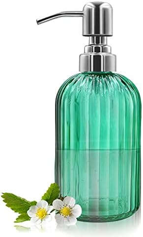 14 Oz Glass Soap Dispenser with 304 Rust Proof Stainless Steel Pump, Refillable Hand Liquid Soap Dispenser for Bathroom, Kitchen Countertop, Laundry Room (Pink)