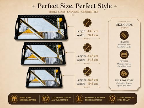 Image of KITCHIVO 3 Pcs Plastic Serving Tray Set with Handle | Multipurpose Tea Snacks Breakfast Tray | Floral Printed Rectangular Serving Trays for Kitchen & Home (Black Marble Luxe)
