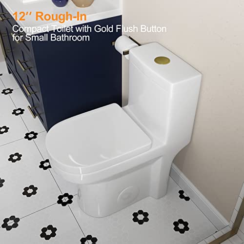 Horow 8733G Compact Toilet With Gold Button, Modern One Piece Toilet For Small Bathroom, Soft Closing Seat & Quick Release, Power Dual Flush With Gold Tank Button, White Toilet Bowl #TOP5